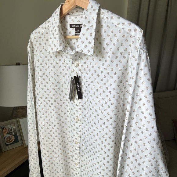 Michael Kors Men’s Slim Fit Stretch White/Tan Pattern Button Up Size XXL NWT $98 - Picture 2 of 13
